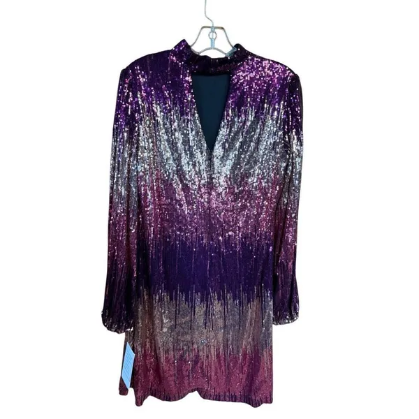 Maison Tara Sequin Long Sleeve Mockneck Mini Dress Sz 12 Purple/Gold/pink NWT - Image 2