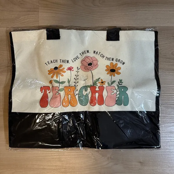 Teacher Tote Bag Floral "Teach Them Love Them Watch Them Grow"‎ Graphic Canvas - Image 2