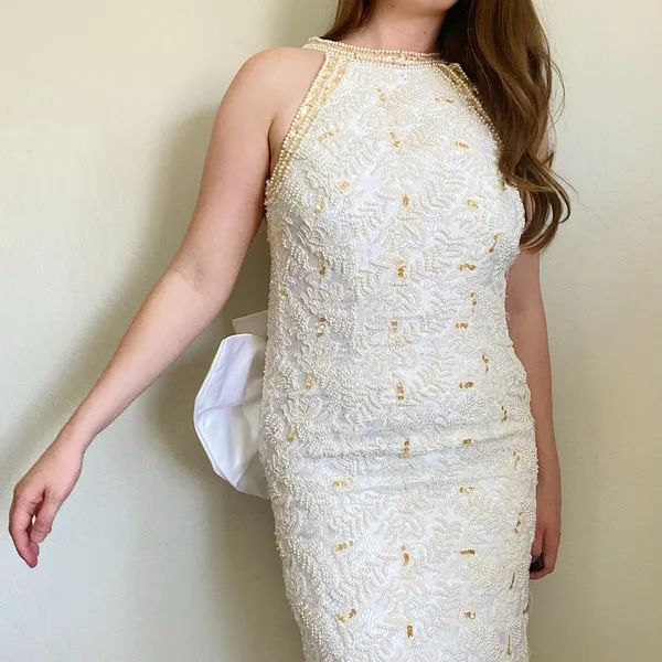 Vintage 90s Pearl Beaded Wedding Gown Size 12 Back Bow Old Money Bridal Dress - Image 2