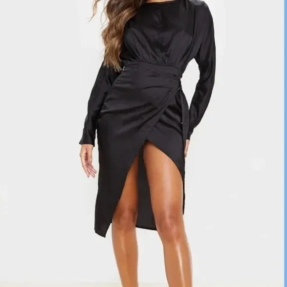 PrettyLittleThing High Slit Wrap Dress Womans 8 Black Satin Open Back Clubwear - Image 17