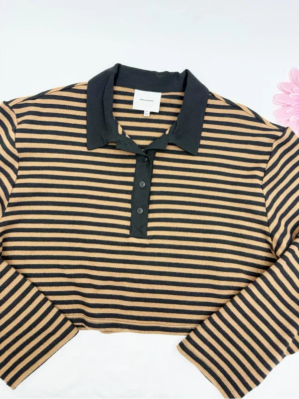 Reformation Anna Rugby Shirt Black And Tan Stripe Extra Large Crop Polo Sporty - Image 6