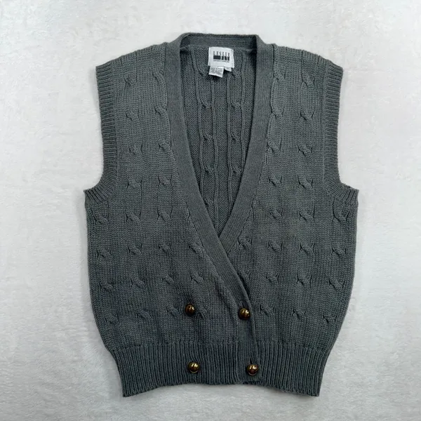 Leslie Fay Vintage 90s Academia S Sweater Vest Gray Cable Knit Double Breasted Preppy Retro - Image 2