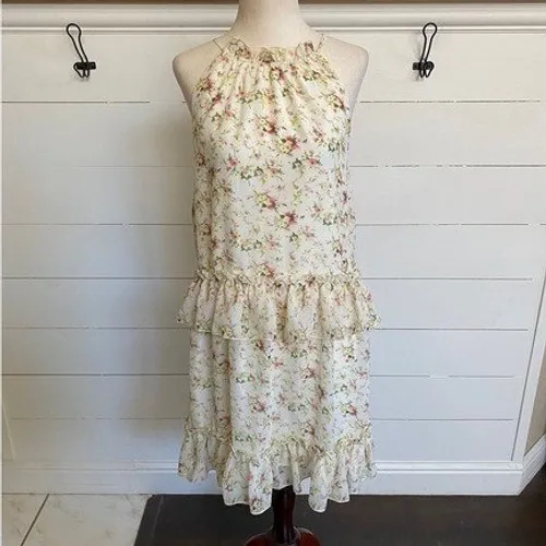 NSR‎ Floral Halter Ruffle Tiered Mini Dress Cream Pink XS CD9975 Made in USA - Image 6