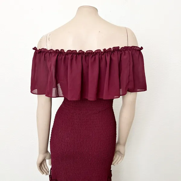 [Baltic Born] Maroon Amalfi Smocked Off The Shoulder Ruffle Maxi Dress Sz Medium - Image 6