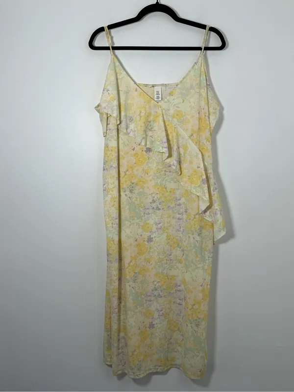 H&M Women’s XXL Yellow Floral Ruffle Midi Slip Dress Adjustable Straps - Image 2