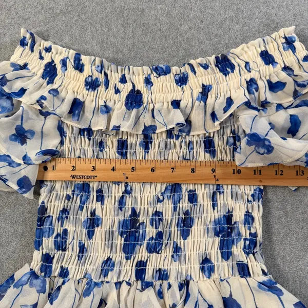 MISA Los Angeles Size Small Blue Floral Smocked Off-Shoulder Mini Dress Ruffle - Image 6