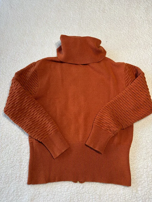 Marc New York orange zip up sweater with textured ribbed knit pattern and chunky collar size S - Image 6