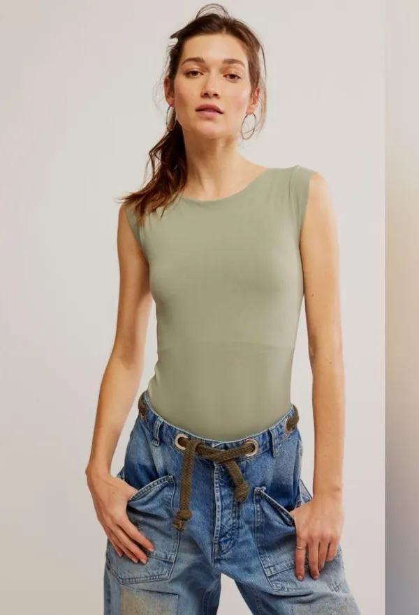 NWT Free People Clean Lines Boat Neck Bodysuit Color: Laurel Oak (ARMY) M/L - Image 3