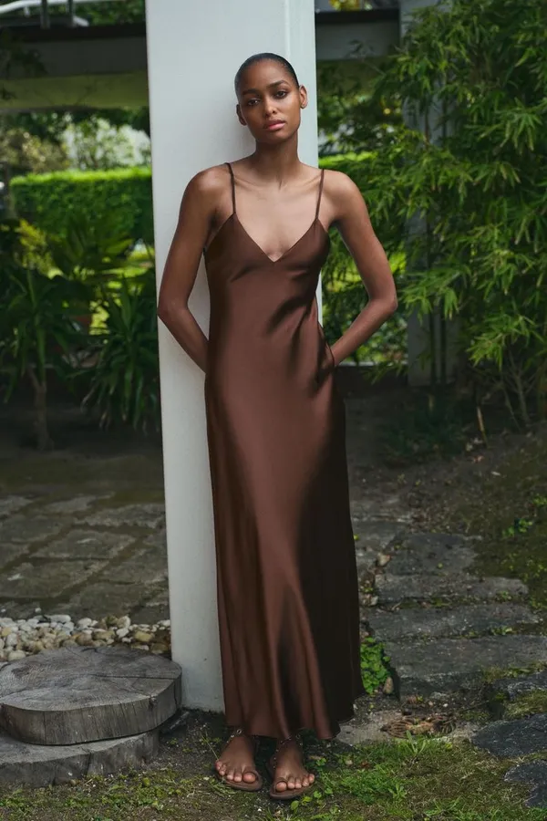 Zara Satin Slip Maxi Dress in Deep Brown Evening Wedding Party - Image 9