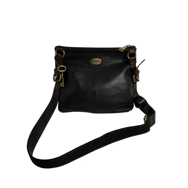 Fossil Vintage Black Leather Crossbody Bag Brown Trim Brass Key Y2K - Image 2