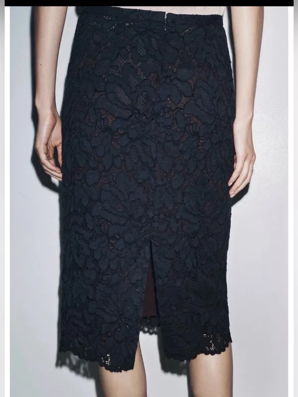 Zara‎ navy blue embroidery lace midi skirt - Image 3