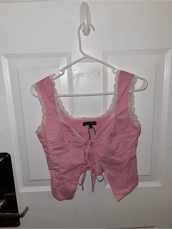 Cotton Candy LA Romantic Lace-Trim Pink Tie-Front Crop Top - Size Small - Image 3