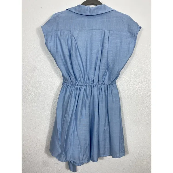 Lilyful Blue Solid Wrap V-Neck Tie Waist Lined Cap Sleeve Romper S Rayon - Image 6