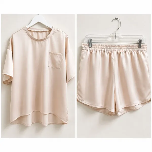 Ellison‎ Satin Pajama Set SS Top and Shorts Beige Size Large Neutral Comfy Soft - Image 2