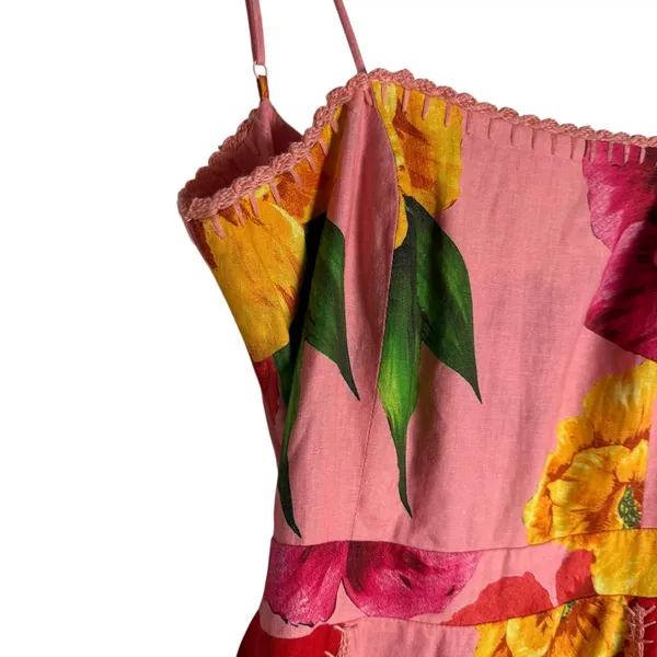 Farm Rio Chita Pink Floral Print Square Neck Tie Back Linen Midi Dress Size XS - Image 7