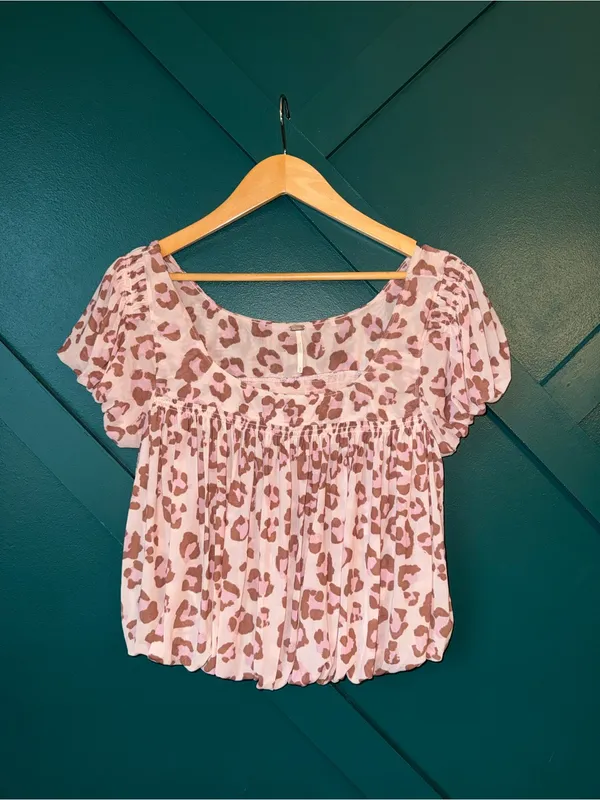 Free People Pink Leopard-Print Smocked Crop Top - Image 3