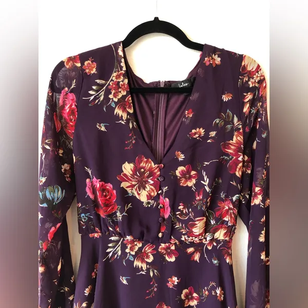 Lulus Always Yours Plum Purple Floral Print Long Sleeve Skater Dress Size L - Image 4