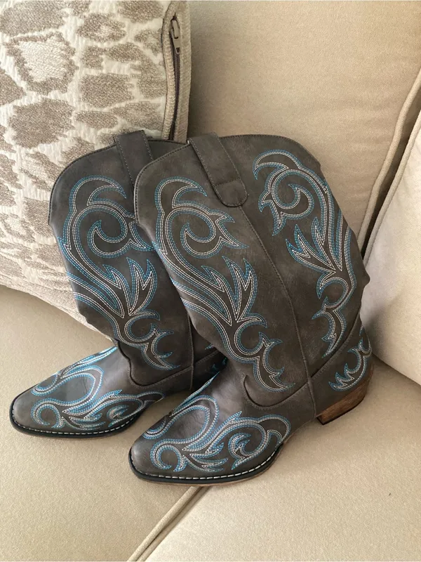 Brown Leather Western Boots with Blue Embroidery - Image 4