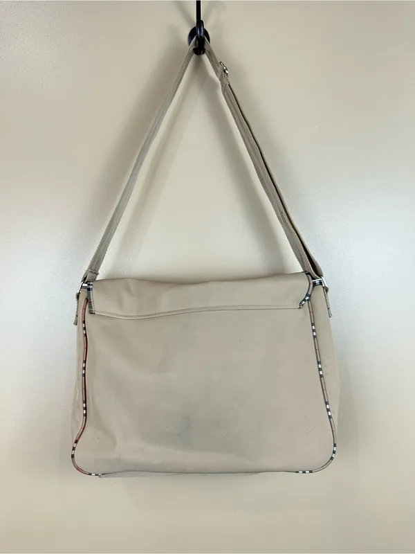 Burberry Fragrance Messenger Bag Tan Beige Plaid Trim Crossbody Adjustable - Image 3