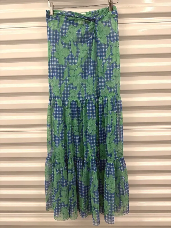 Hutch Suvi Cover-Up Skirt Cobalt Teal Gingham Floral Womens Size Small - Image 4