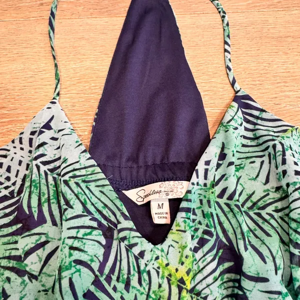 Speechless Tropical Leaf Print Halter Dress‎ Navy Green Size Medium M - Image 3