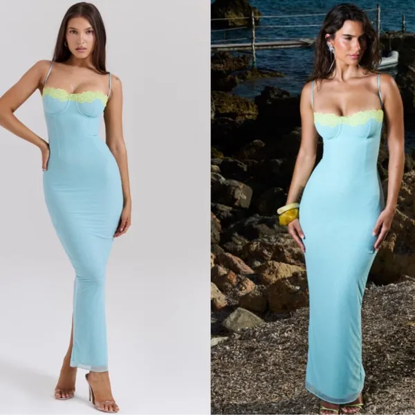 NWOT HOUSE OF CB Aiza Ocean Blue Contrast Lace Maxi Dress sz L - Image 4