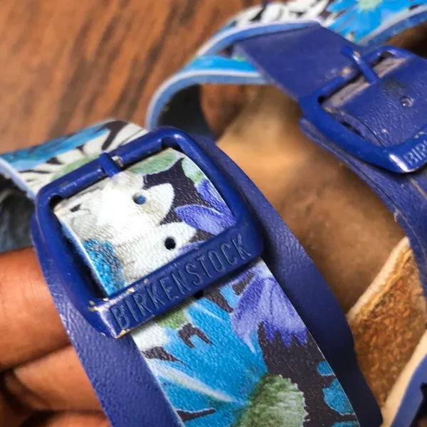 Papillio Birkenstock Blue Floral Tropical Garden Slides Sandals Criss Cross Double Triple Band #Boho #Beach #Vacation #Summer #Resort Women 7 Size 38 - Image 4
