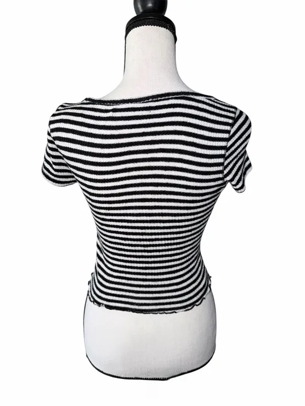 Abercrombie & Fitch Striped Ribbed Short Sleeve Tie Front Crop Top Size XS - Image 3