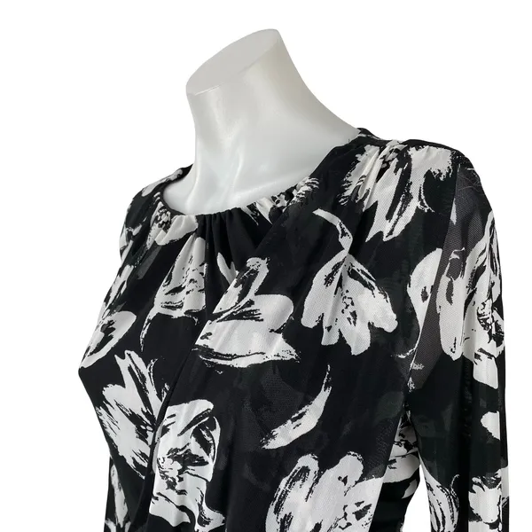 INC International Concepts Black White Floral Mesh Long Sleeve Blouse Top Size S - Image 3