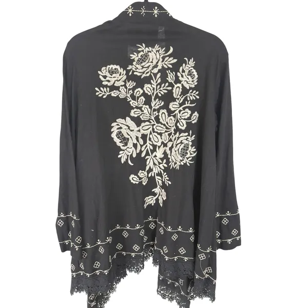 Boho Embroidered Blouse Black Flowy Open Beach Kimono Vacation Career Medium - Image 2