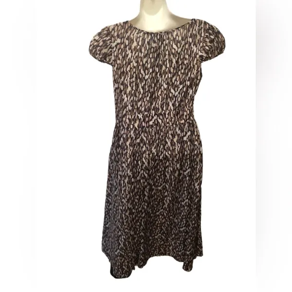 Banana Republic Printed Silk Blend Midi Peasant Dress 4 Tied Scoop Neck Brown - Image 7