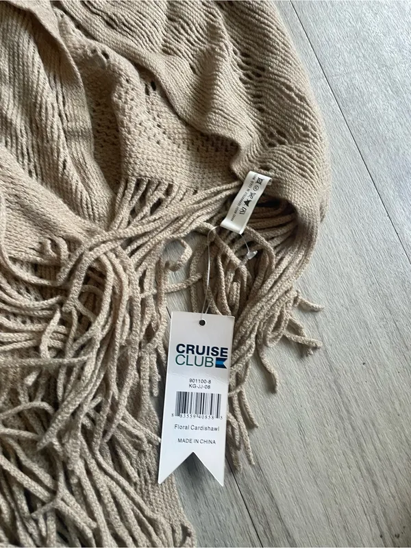 Beige Open-Knit Fringe Women's Sweater Cardigan - Image 2