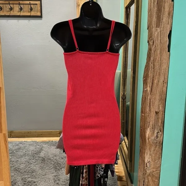 Forever 21‎ Red Ribbed Bodycon Mini Dress Sleeveless Spaghetti Strap Women Small - Image 4