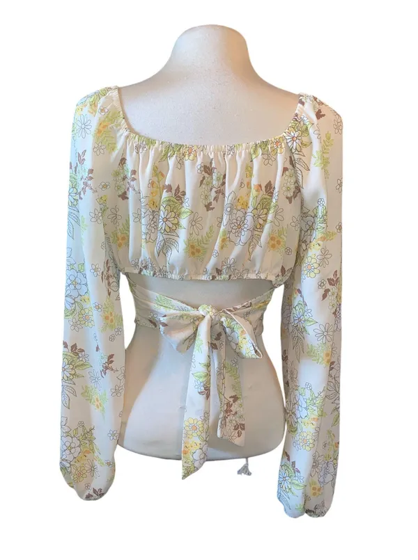 crop top blouse long sleeve square neck ties in back padded Sz large - Image 2