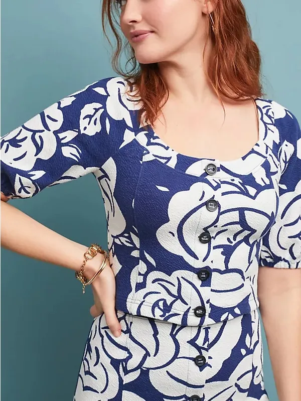 Anthropologie Mauve Amiens Floral White / Navy Puff Sleeve Top - Image 3