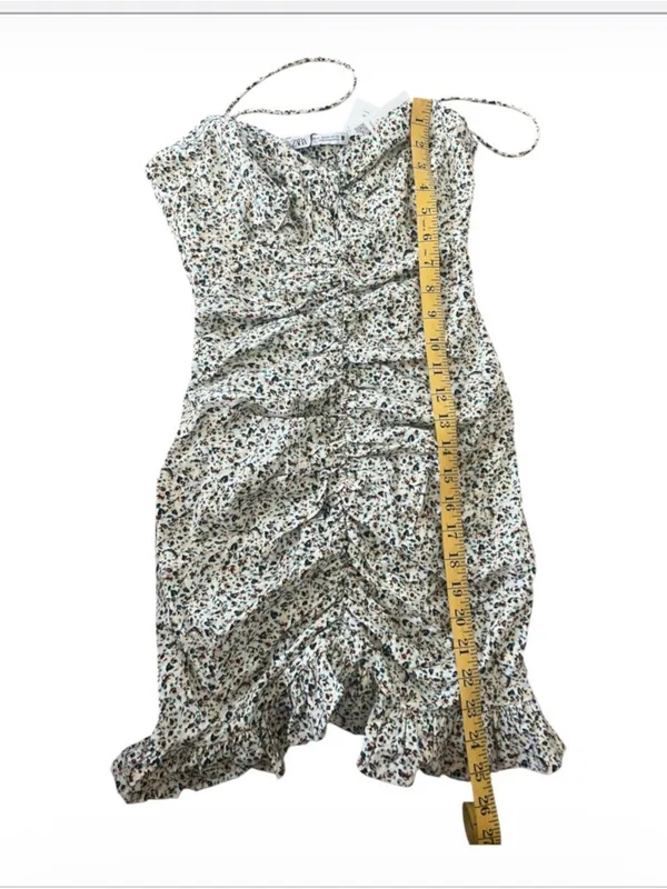 Zara White Floral Ruched Spaghetti Strap Mini Dress XS - Image 4