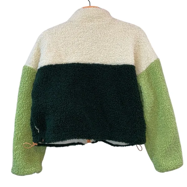 Wild Fable Colorblock Sherpa Fleece Jacket XS Cropped‎ Green Orange Cream NWOT - Image 4