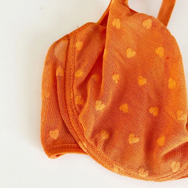 Moschino Womens Orange Heart Flocked‎ Mesh Vintage Italian Lingerie Bra Size 36B - Image 2