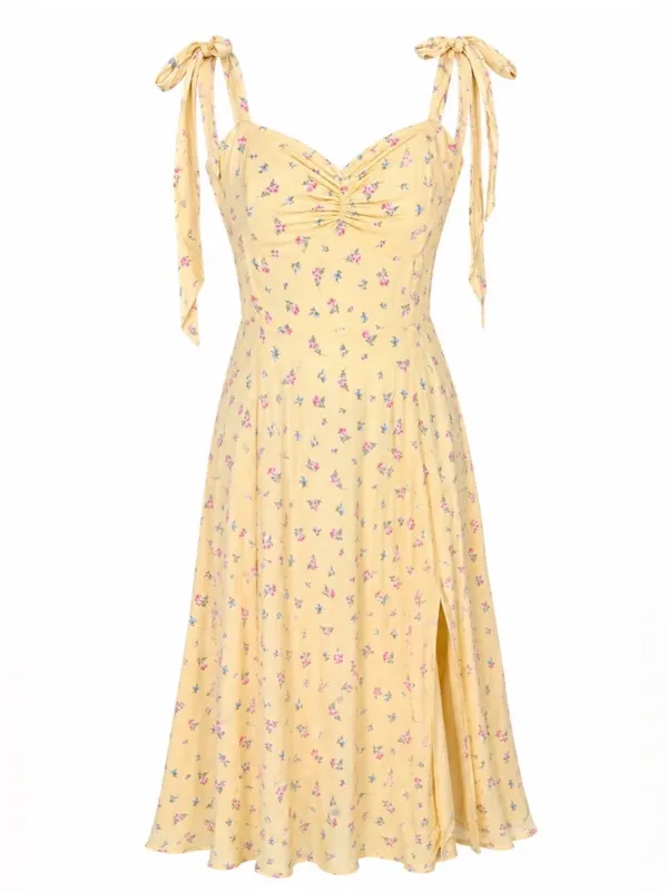 Bardot Yellow Ditsy Floral Midi Dress US 10 Large Bow Strap Cottagecore Sundress - Image 5