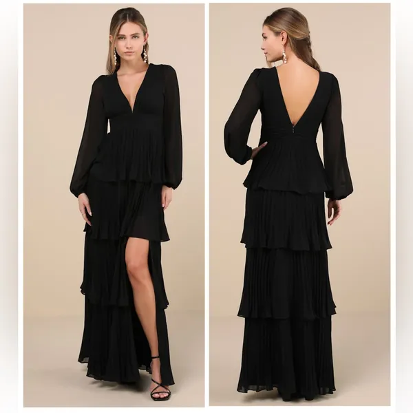 Lulus Graceful Finesse Black Pleated Long Sleeve Maxi Dress Size small Formal - Image 2