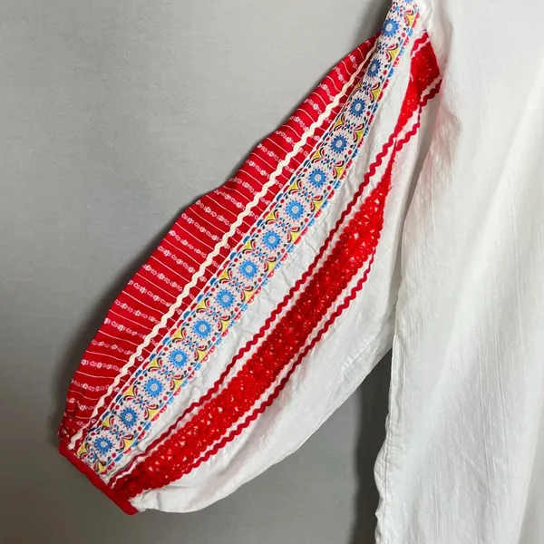 Folk Peasant‎ Blouse Top Women White Red Embroidered Balloon Sleeve European - Image 7