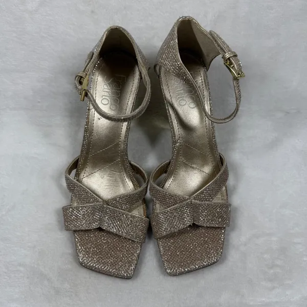 Franco Sarto Rania2‎ Champagne Gold Glitter Square Toe Flare Heel Sandals 7M - Image 2