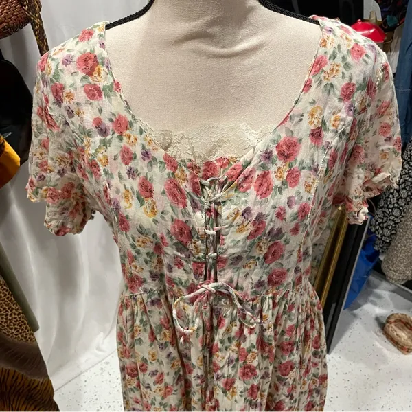 Vintage soft cotton floral boho maxi corset dress lace prairie pixie - Image 5