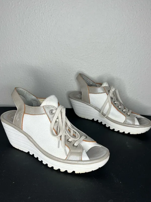 Fly London White & Solver Yedu Lace Up Peep Toe Wedge Sandals Size EU 39 - Image 2