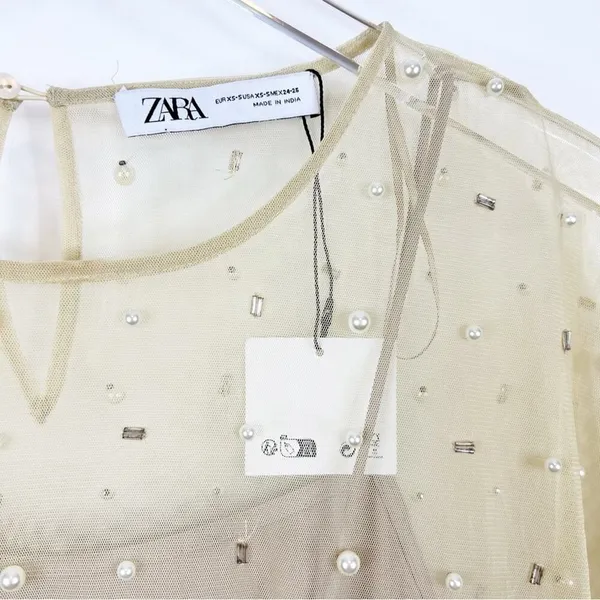 NWT ZARA Sheer Mesh Pearl Embellished Midi Dress Women's Size XS/S Tan‎ - Image 6