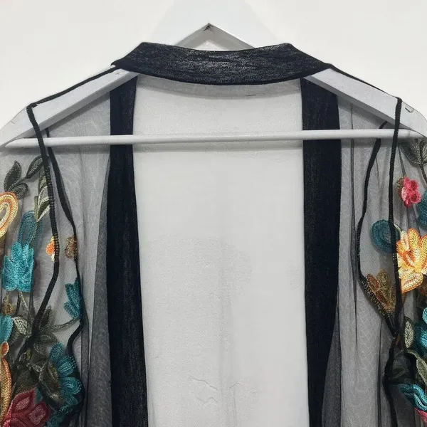 Women Floral Embroidered Mesh Long Jacket Cardigan Casual Coats Beach One Size - Image 4
