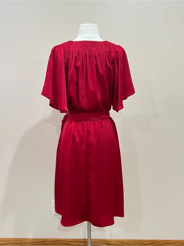 Maurices Deep Red Semi Satin Faux Wrap Ruffle Midi Dress Size Medium - Image 8