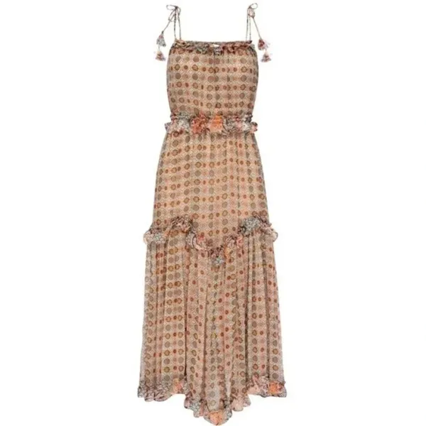 MISA Los Angeles Nita Midi Ruffle Dress in Flora Tile Mix Green and Pink Size M NWT - Image 3