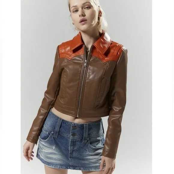 Silence + Noise Brown Faux Leather Western Cropped Moto‎ Jacket Size Medium - Image 8