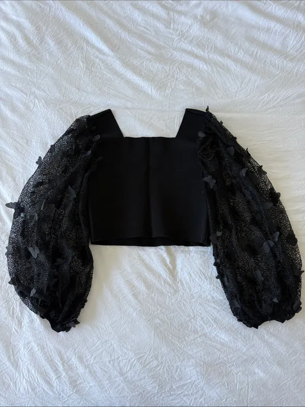 Free People Black Puff-Sleeve Cropped Square-Neck Top with Butterfly Detail - Image 6